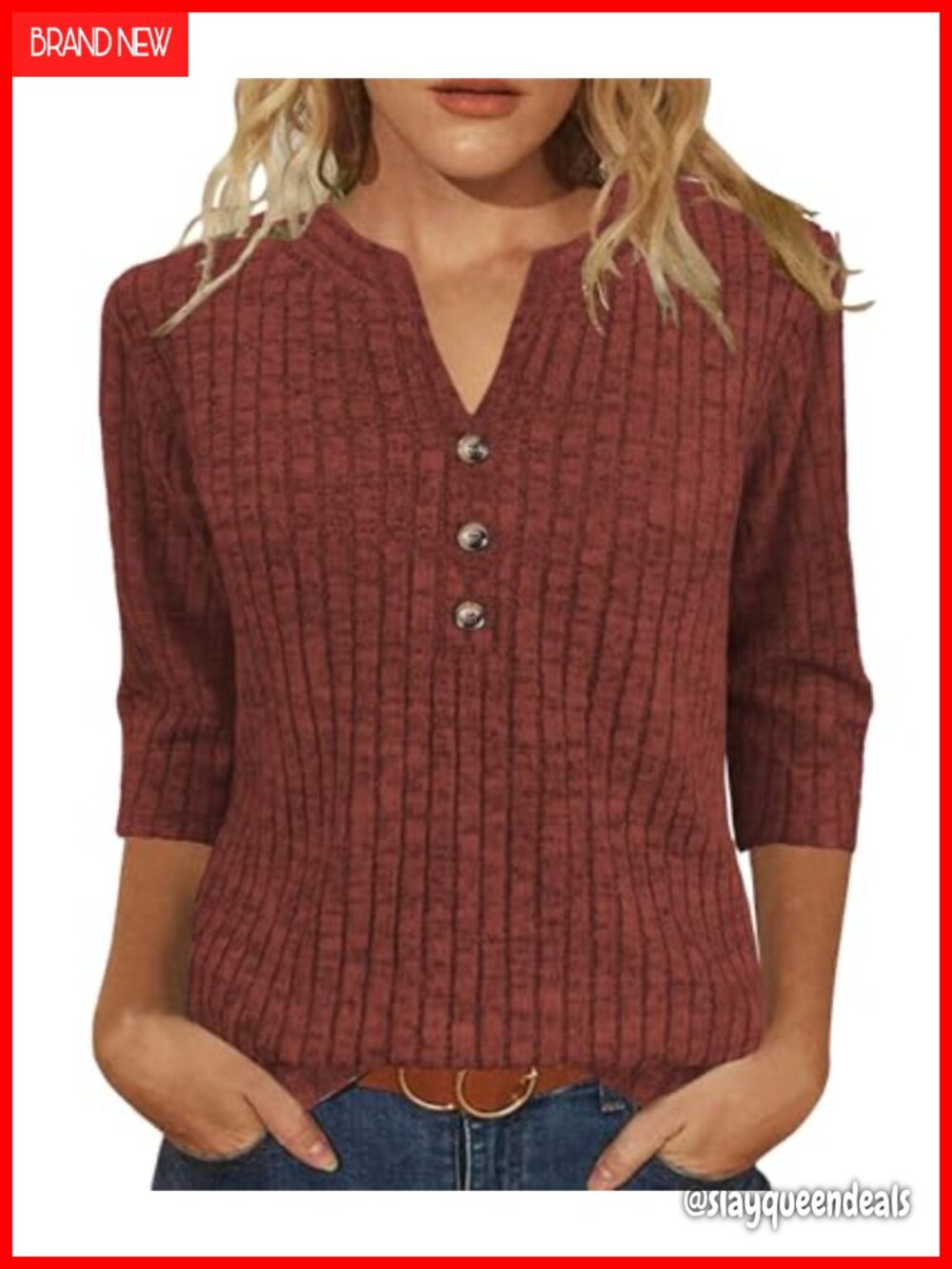 Womens V-Neck Sweatshirt 3/4 Sleeve Henley Pullover Casual Fall Winter Top